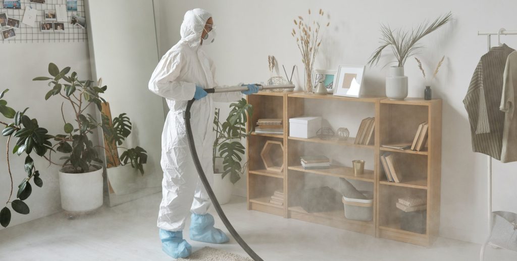 Professional pest control and deep cleaning service technician sanitizing residential interior