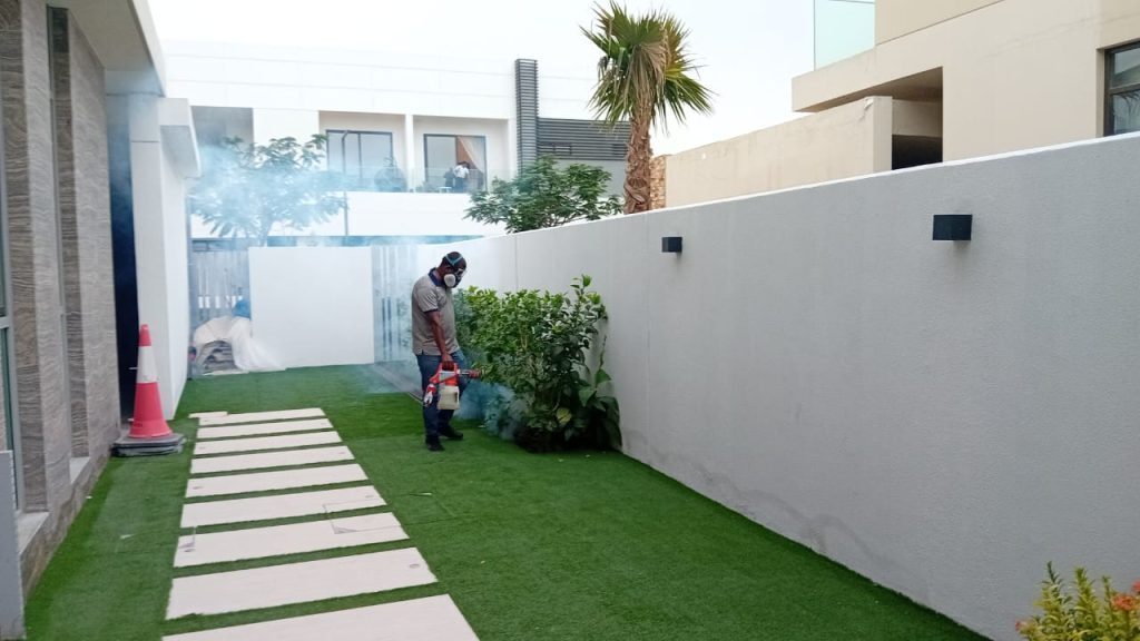 Outdoor mosquito control treatment around a villa in Dubai