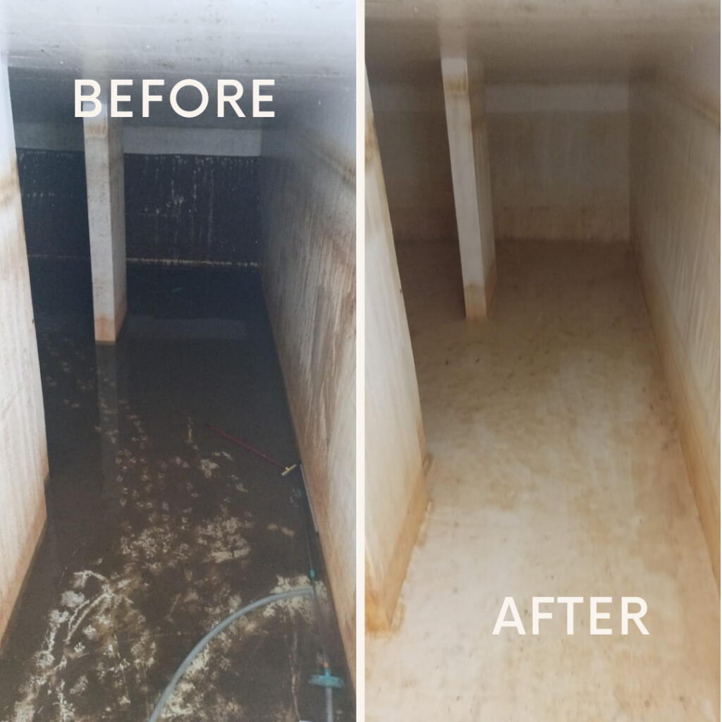 Before and after water tank cleaning and disinfection in Dubai, showing a dirty tank transformed into a clean and sanitized tank by a Dubai Municipality Approved service.