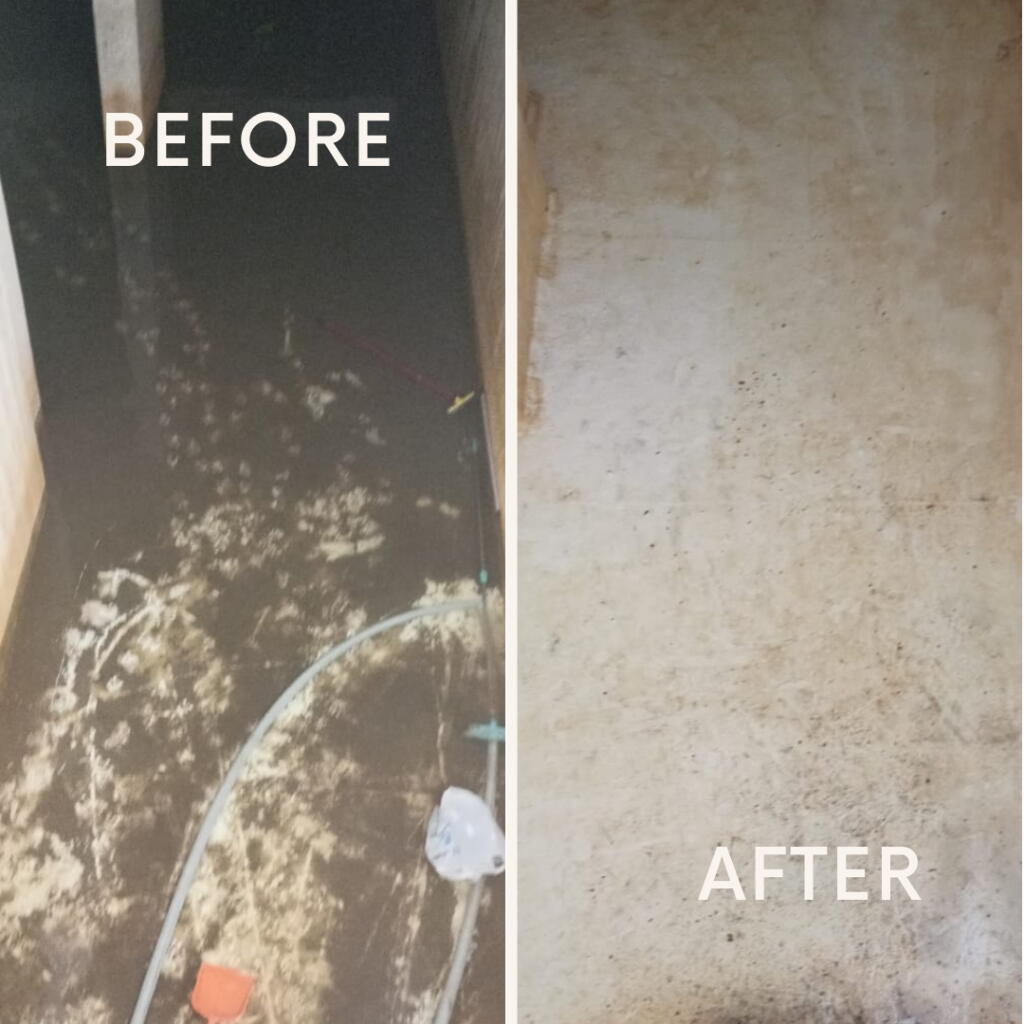 Before and after water tank cleaning and disinfection in Dubai, showing a dirty tank cleaned and sanitized by a Dubai Municipality Approved service