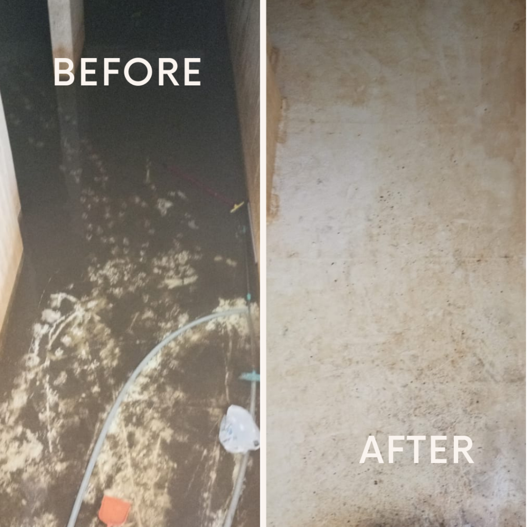 Before and after water tank cleaning and disinfection in Dubai, showing a dirty tank cleaned and sanitized by a Dubai Municipality Approved service