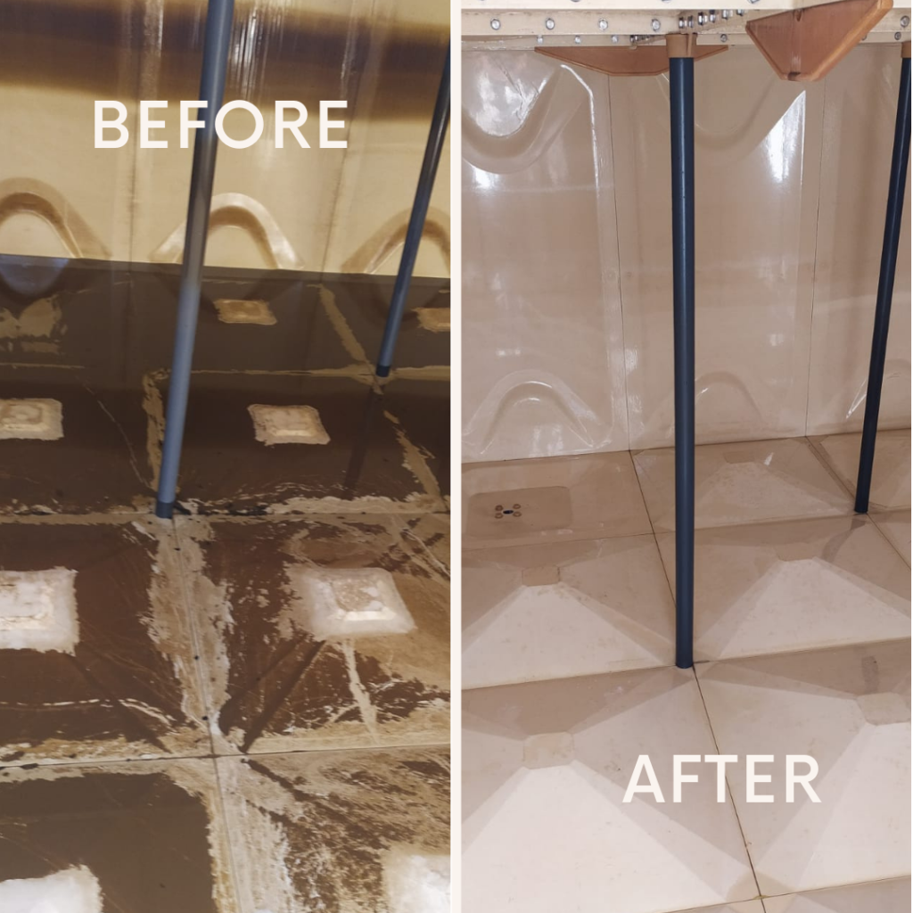Before and after GRP panel water tank cleaning service in Dubai, showing a dirty tank floor cleaned and sanitized by a Dubai Municipality Approved company.