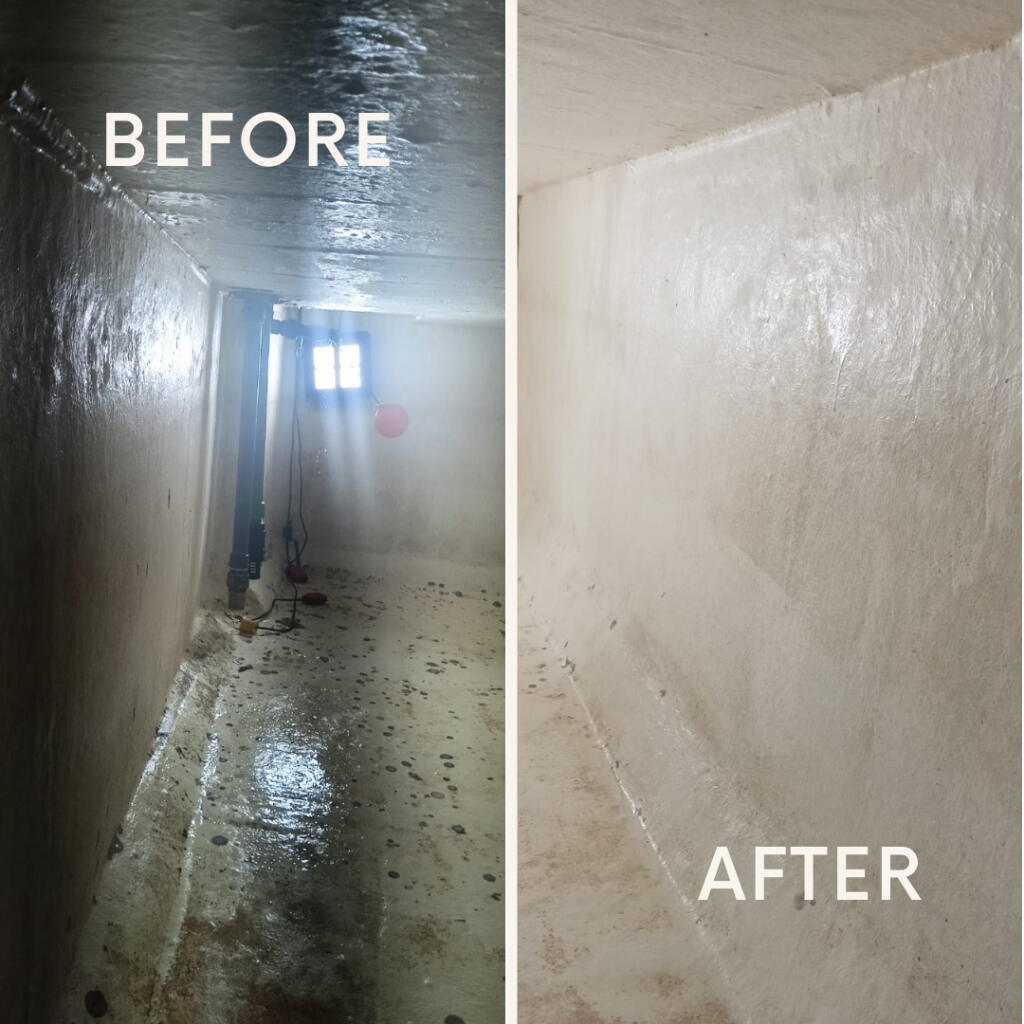 Before and after water tank cleaning in Dubai by Supernova, showing a dirty tank interior transformed into a clean sanitized surface.