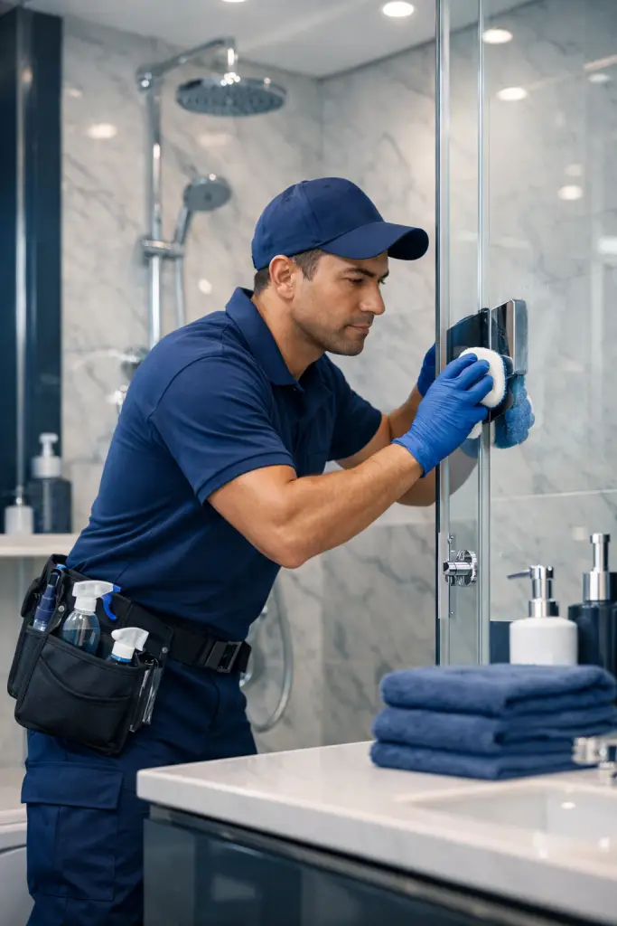 Professional deep cleaning technician sanitizing and cleaning a modern interior space in Dubai.