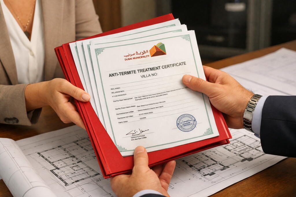 Dubai developer receives DM anti-termite certificate per villa from Supernova Services project coordinator