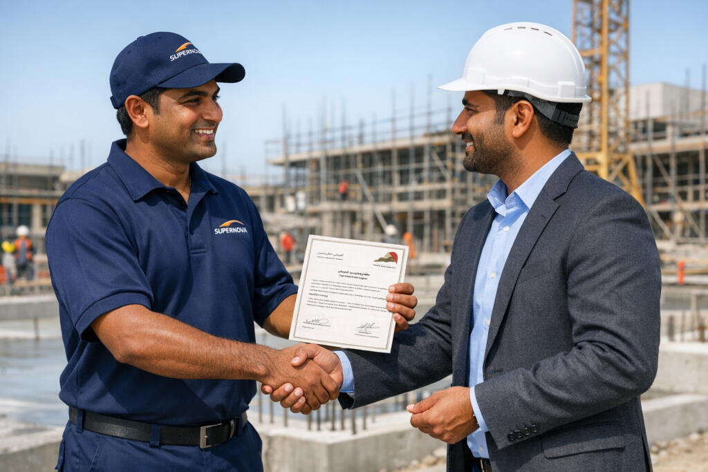 Supernova Emirates technician presenting DM anti-termite certificate to developer at Dubai construction site