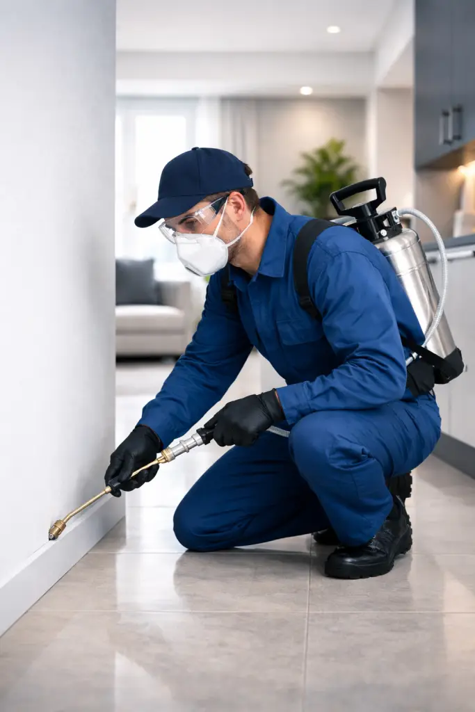 Technician in blue uniform carrying out safe pest control treatment inside a clean modern Dubai property.