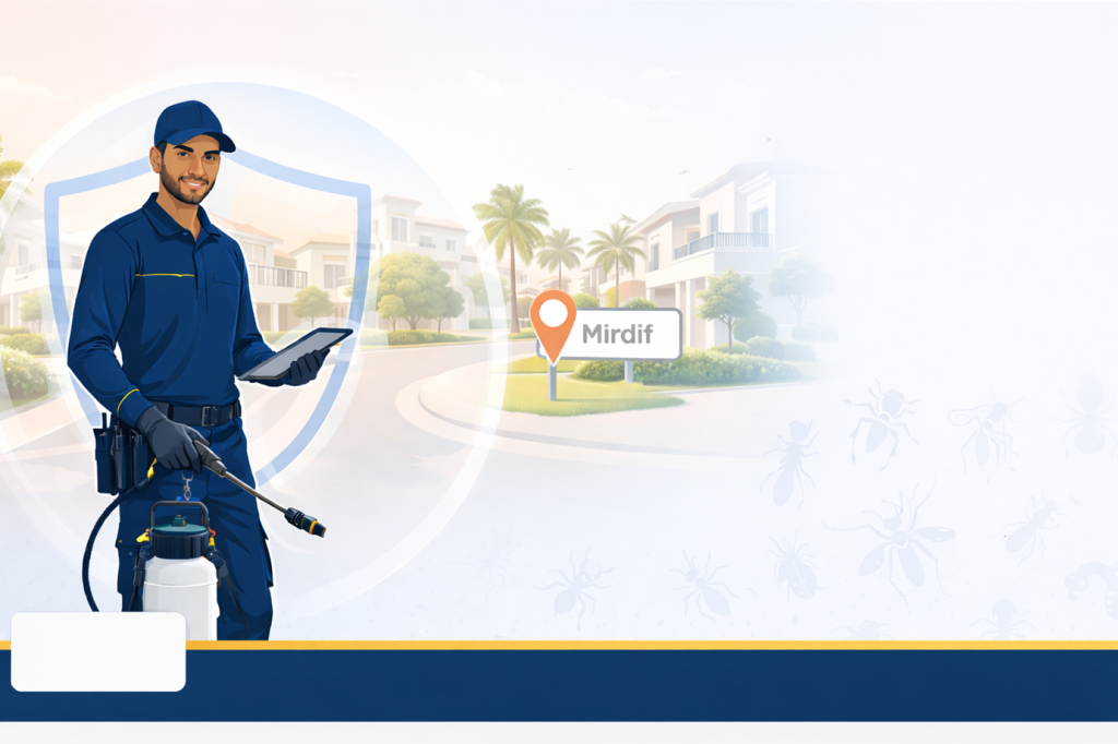 Pest control technician in Mirdif, Dubai performing inspection and treatment