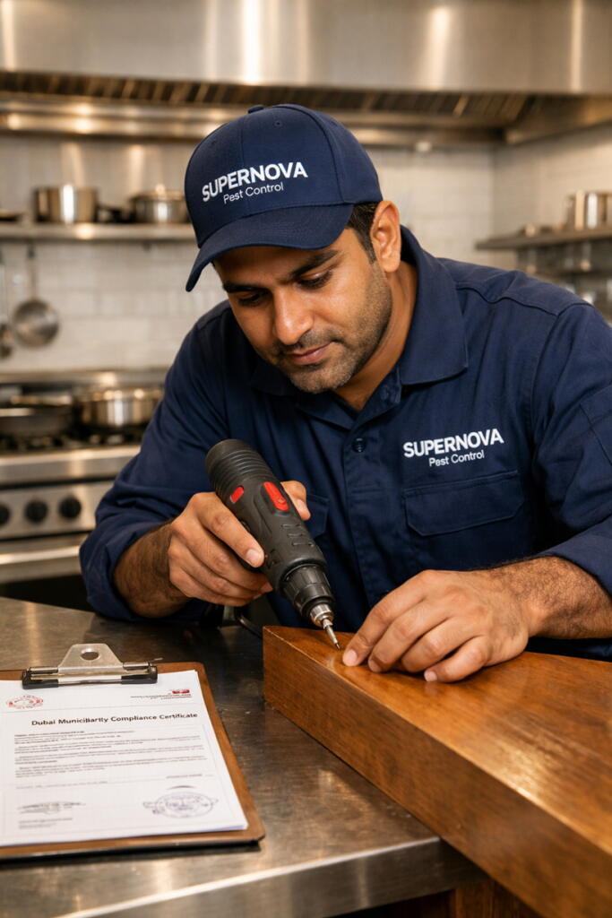 Supernova Emirates technician performing anti-termite wood injection treatment at a Dubai restaurant — DM certified