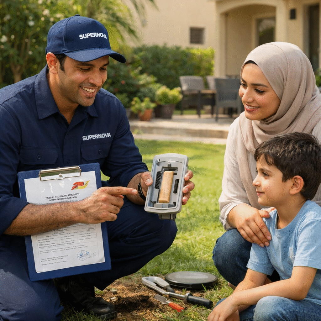 Supernova anti-termite treatment technician explaining termite monitoring system to family in Mirdif Dubai villa garden