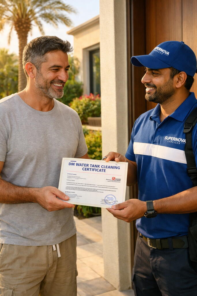 Tank cleaning Arabian Ranches villa certificate handover Dubai — Supernova Services