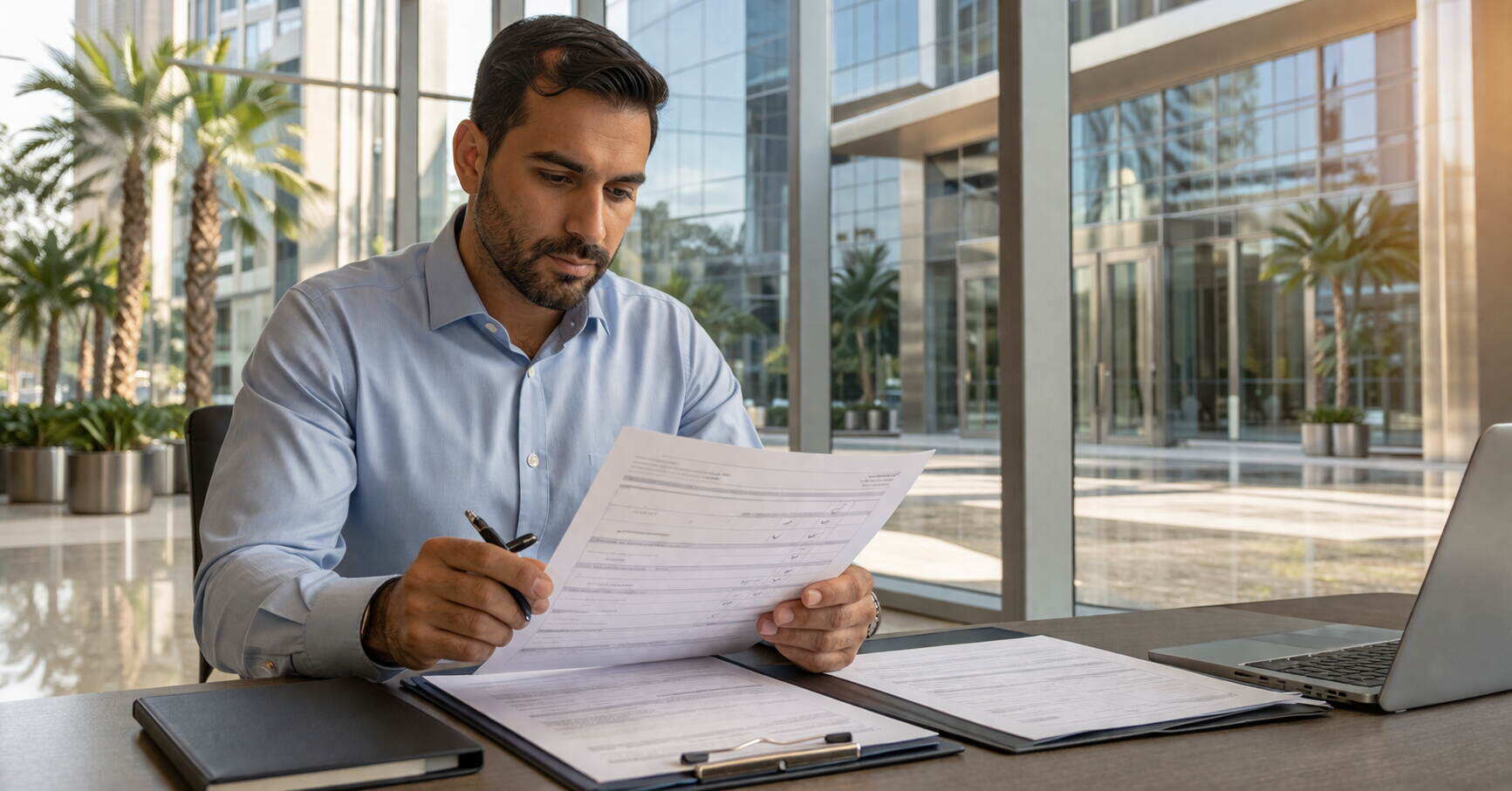 FM director reviewing pest control vendor checklist documents at a Dubai commercial building entrance