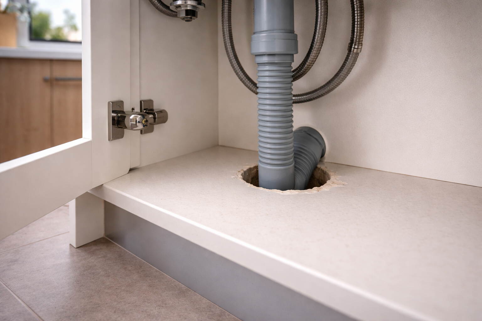 Gap under kitchen sink pipe in a Dubai apartment — common cockroach entry point to seal