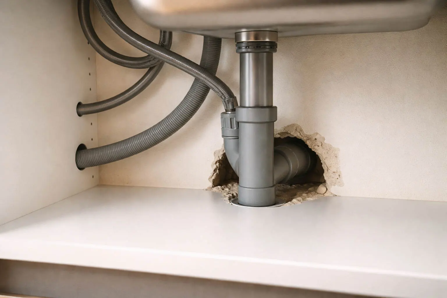Gap around plumbing pipe under kitchen sink in Dubai villa — common cockroach entry point