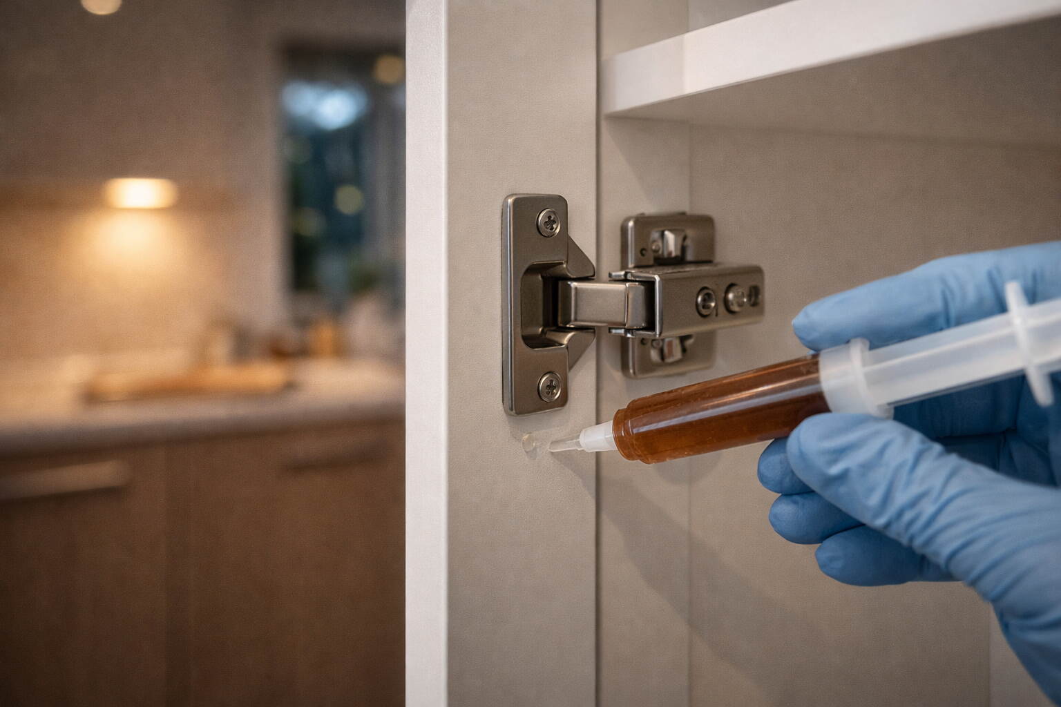 Cockroach gel bait being applied along the inside of a kitchen cabinet hinge in a Dubai flat