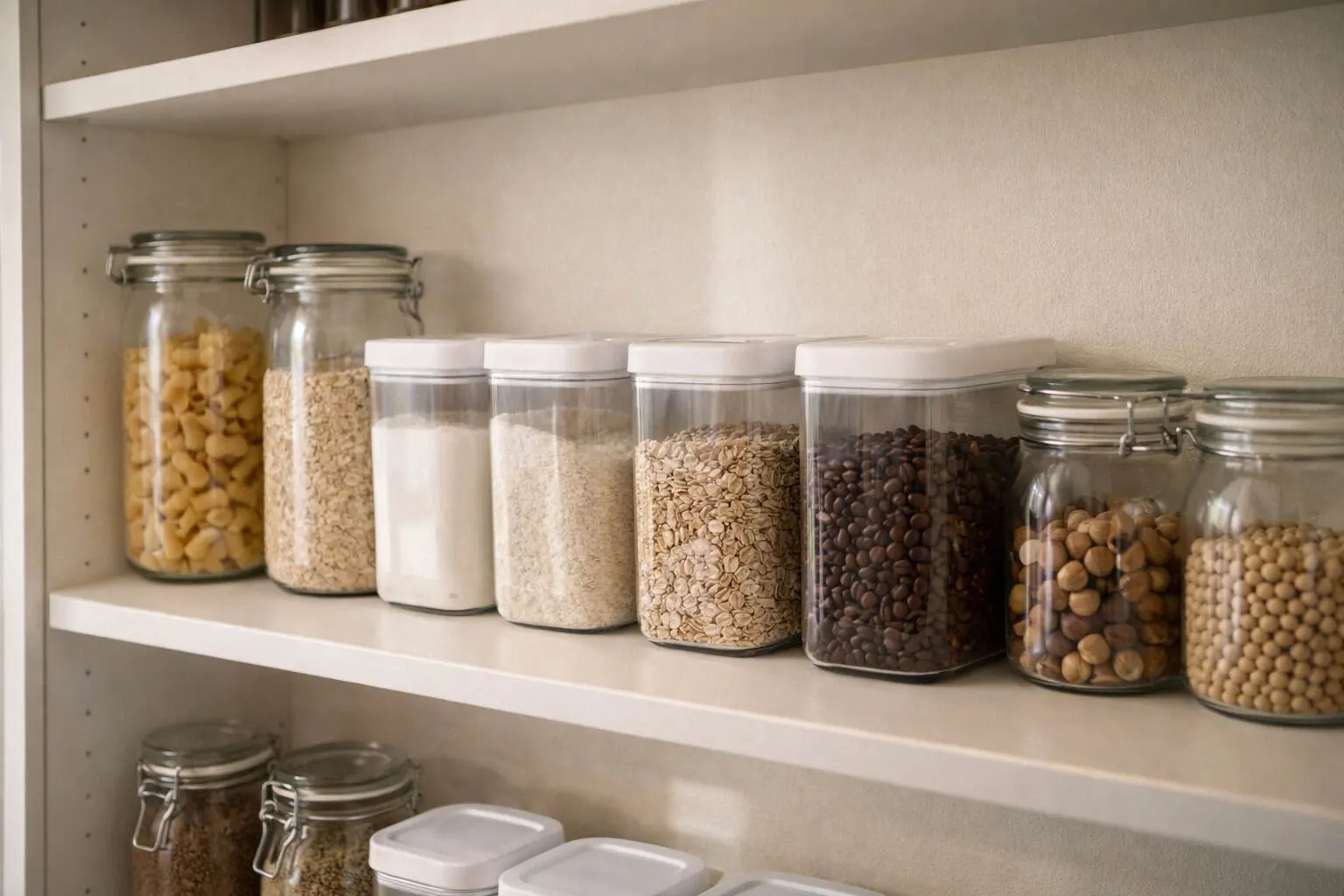 Well-organised Dubai villa kitchen pantry with sealed food containers as cockroach prevention