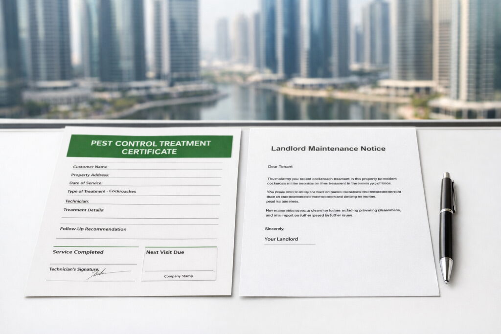 Cockroach treatment certificate JLT — Supernova Services DM documentation and landlord letter