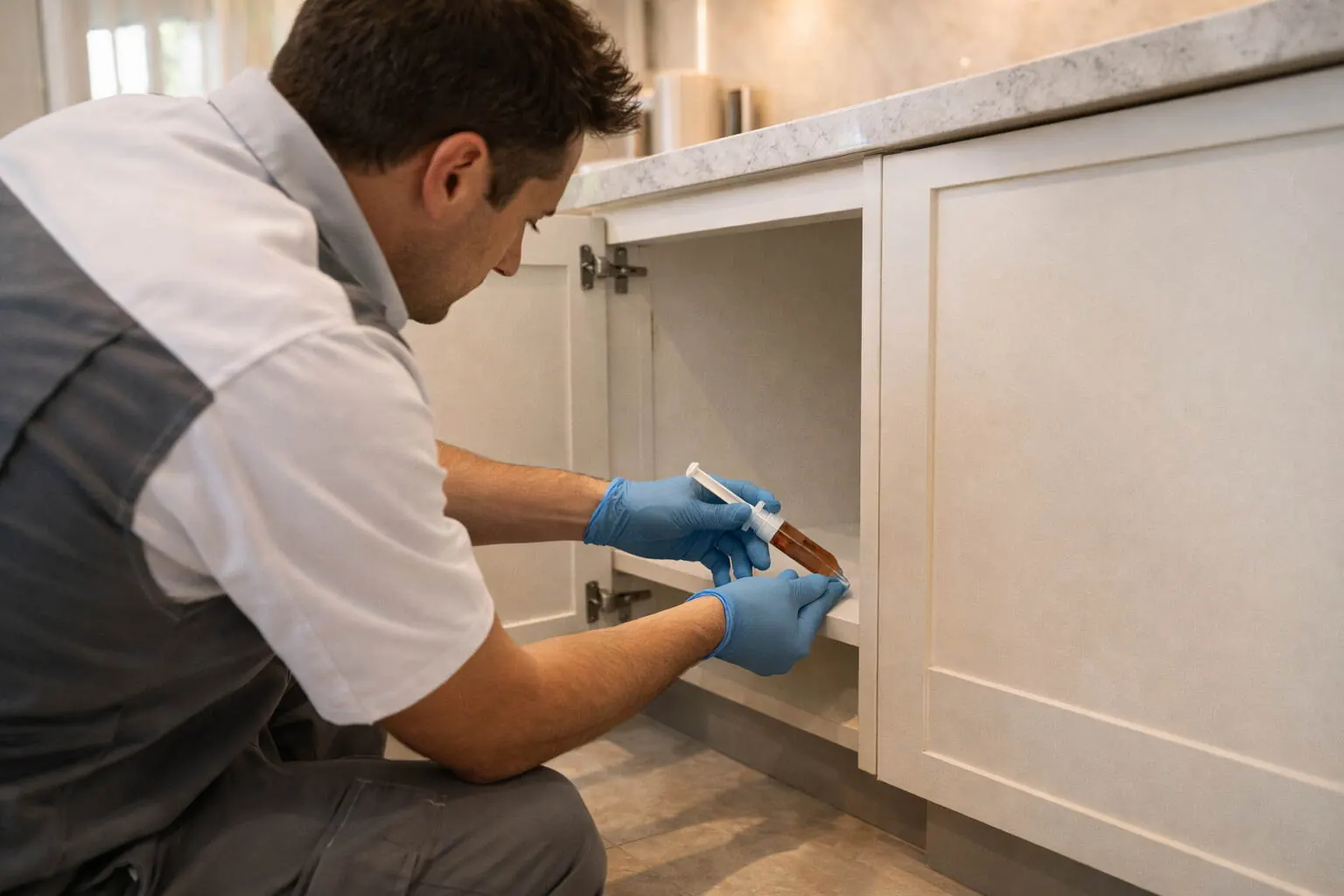 Pest control technician applying gel bait treatment inside a kitchen cabinet in a Dubai villa