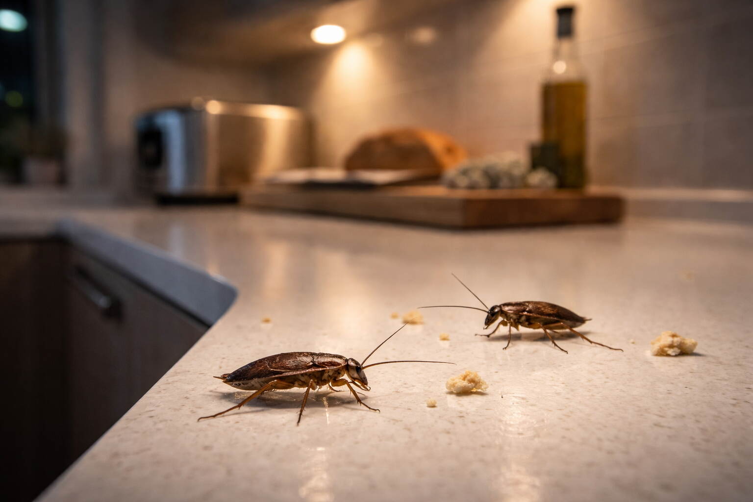 get rid of cockroaches Dubai apartment — cockroaches on kitchen counter in a modern Dubai flat at night
