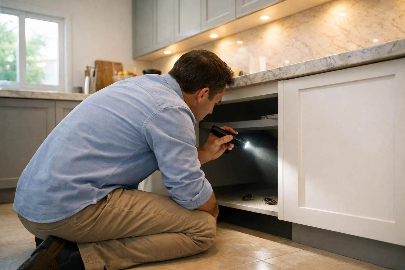 Homeowner inspecting under kitchen cabinet for cockroaches in a Dubai villa