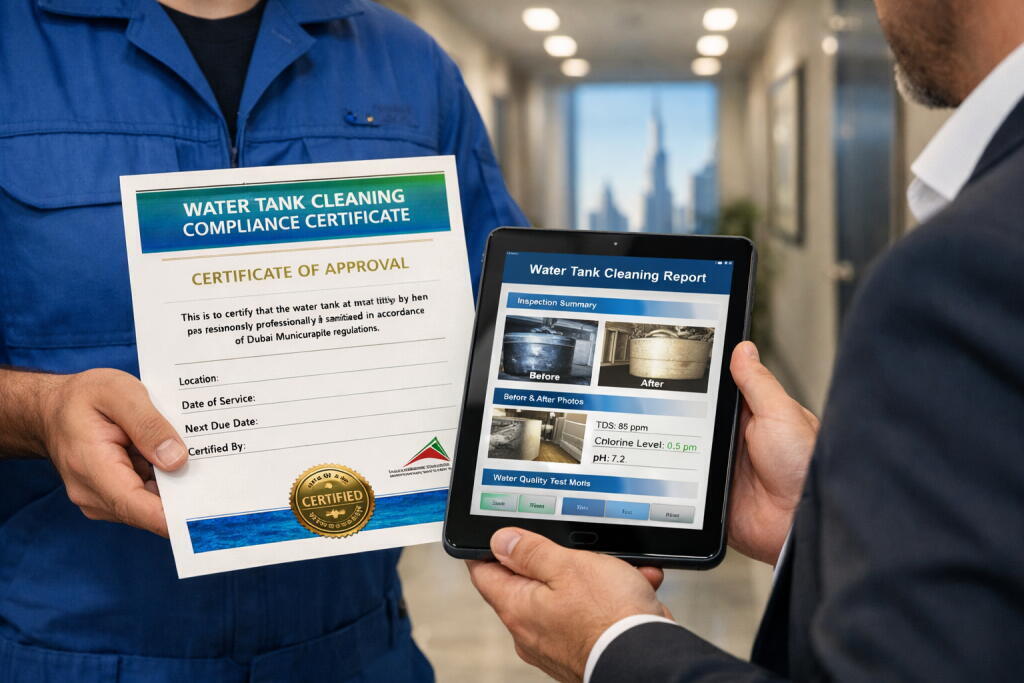 Dubai commercial water tank cleaning certificate issued by Supernova Services FM specialist