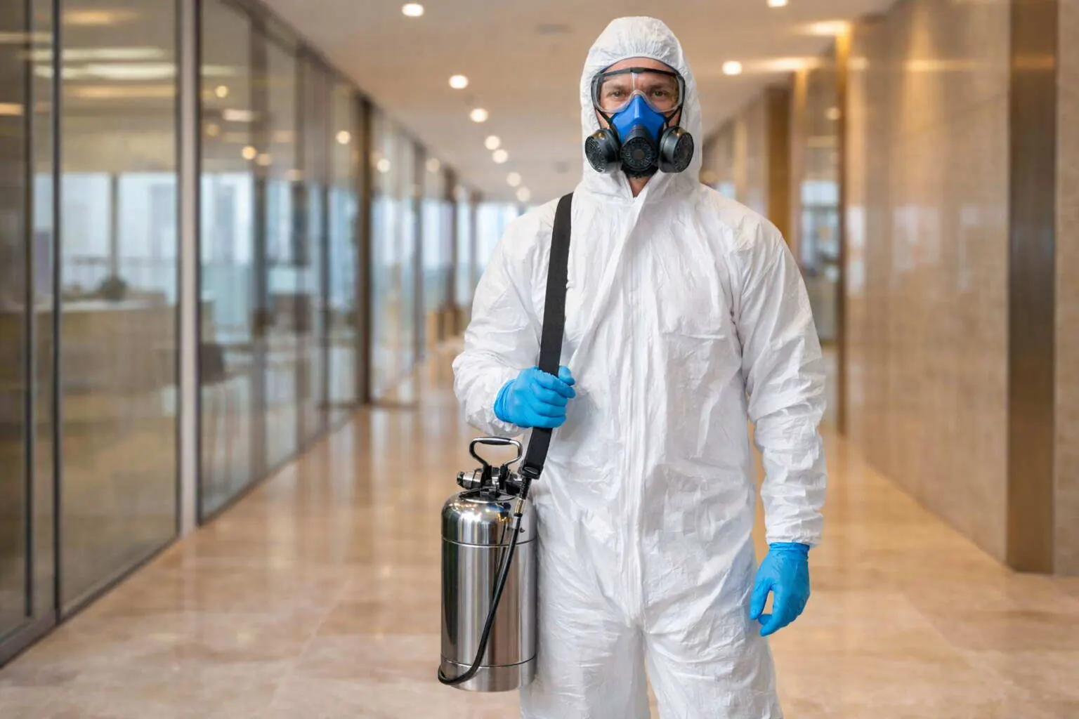 Dubai Municipality licensed pest control technician in full PPE in a commercial building