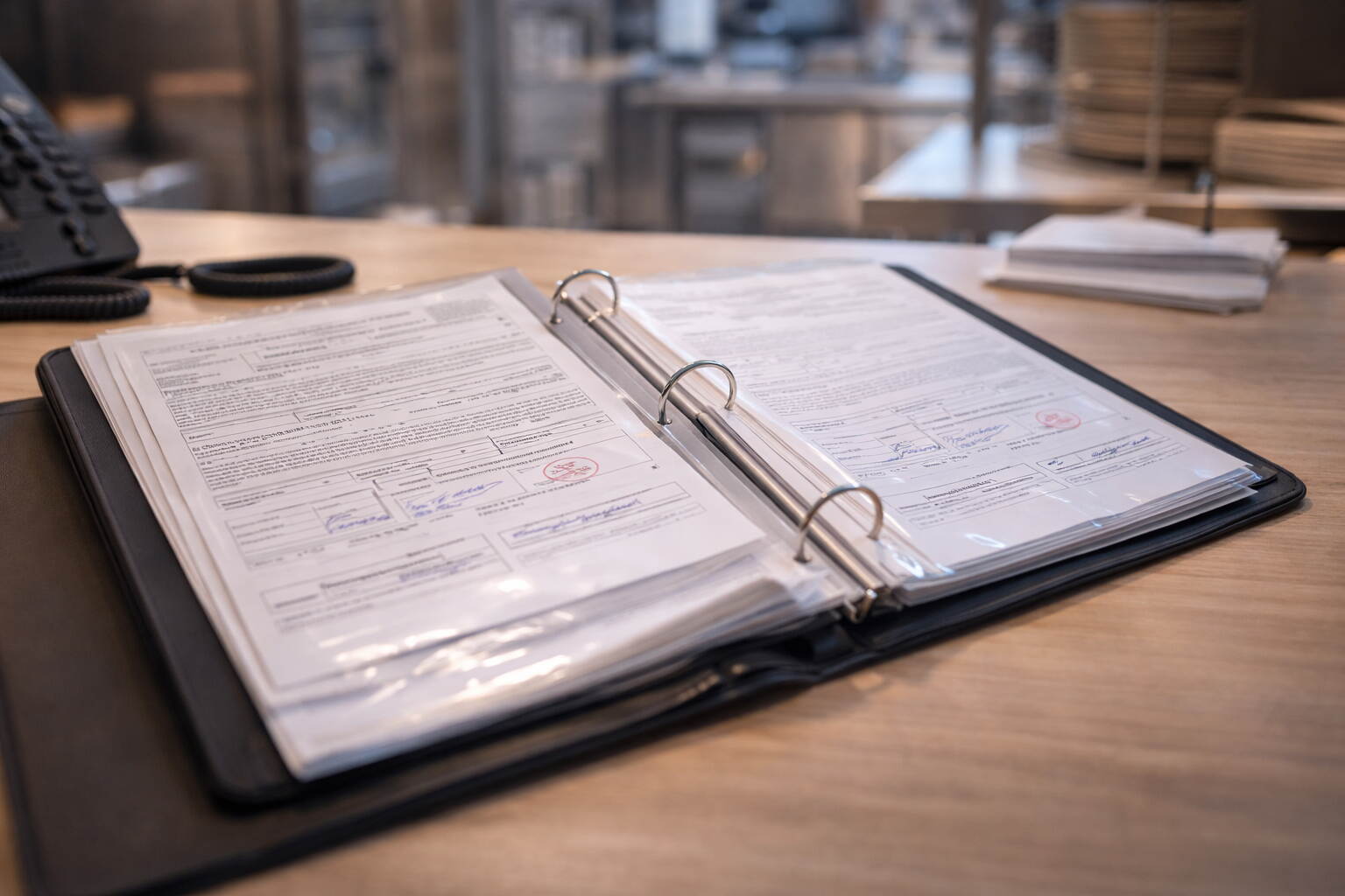 Pest control treatment certificates filed in a folder in a Dubai restaurant — DM compliance records on display