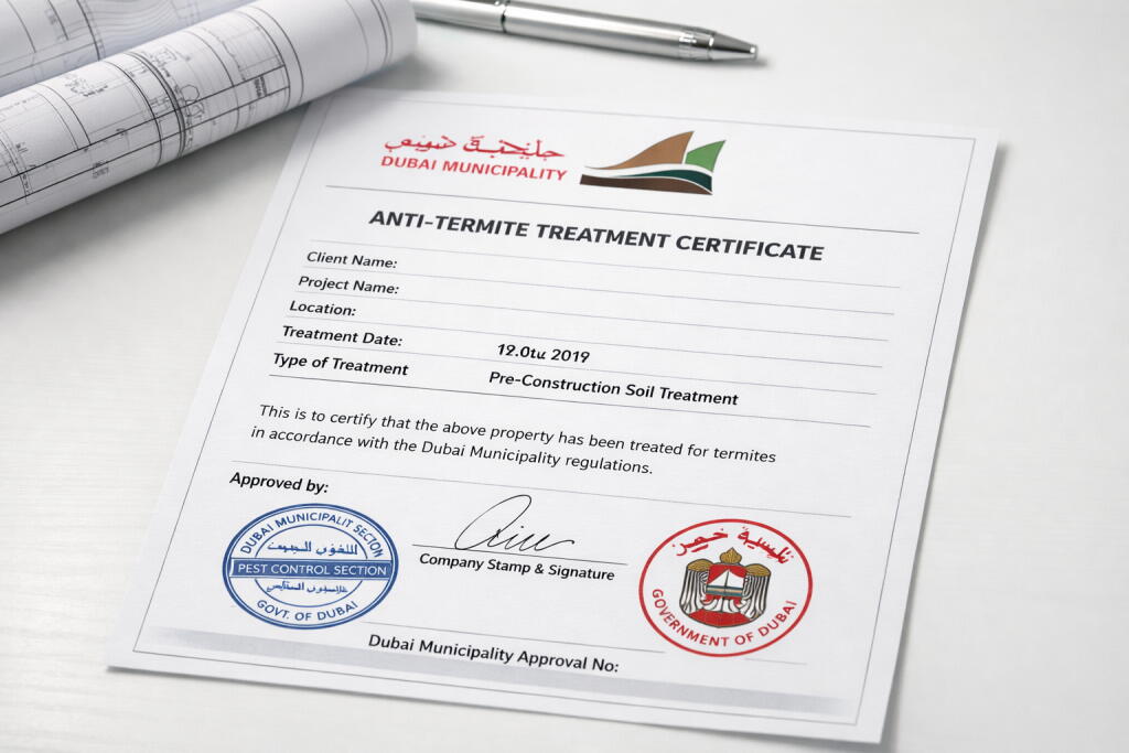 Dubai Municipality anti-termite certificate document with construction blueprints — Supernova Services