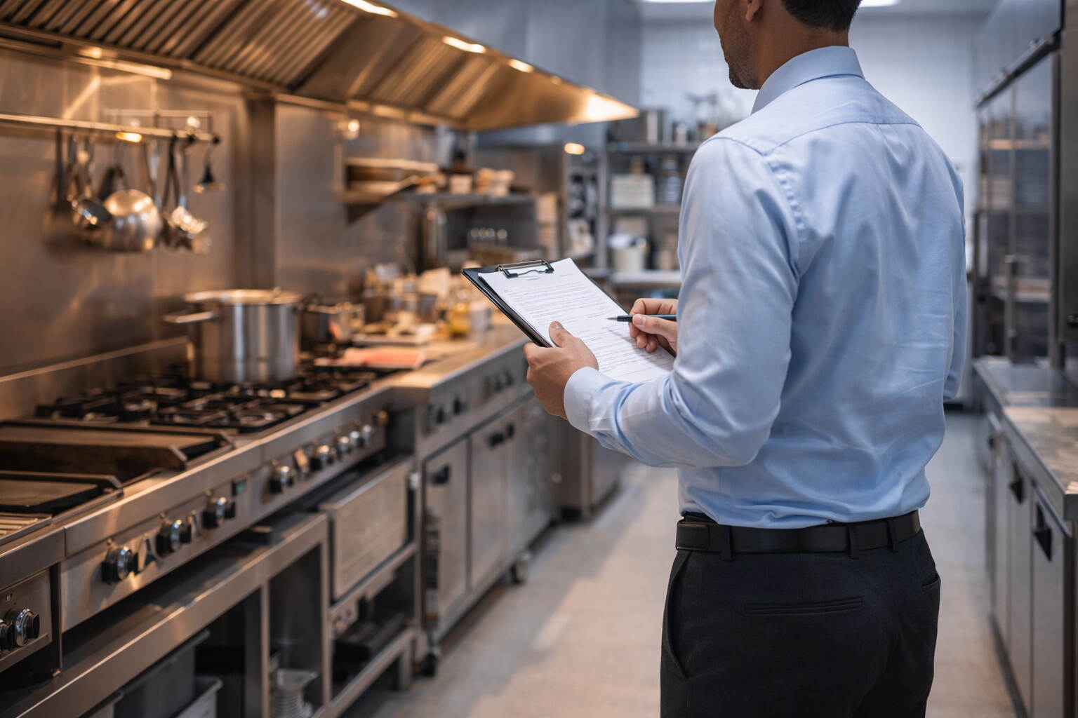 Dubai Municipality pest control requirements restaurant — DM inspector reviewing food safety records in a Dubai kitchen