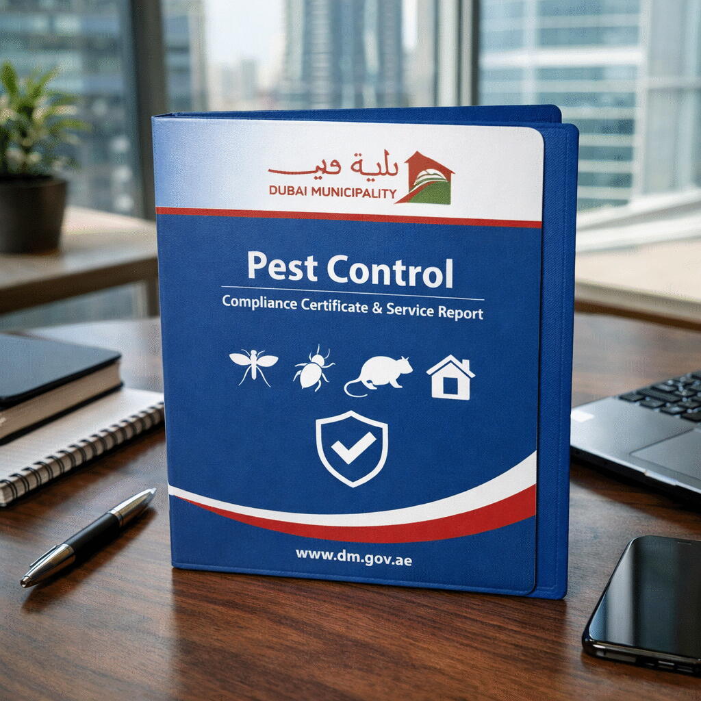 Office building pest control Dubai — Supernova Services DM compliance certificate and service report
