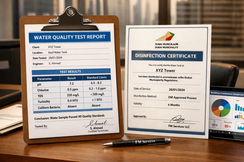 Office tower tank disinfection water quality report Dubai — Supernova Services FM compliance