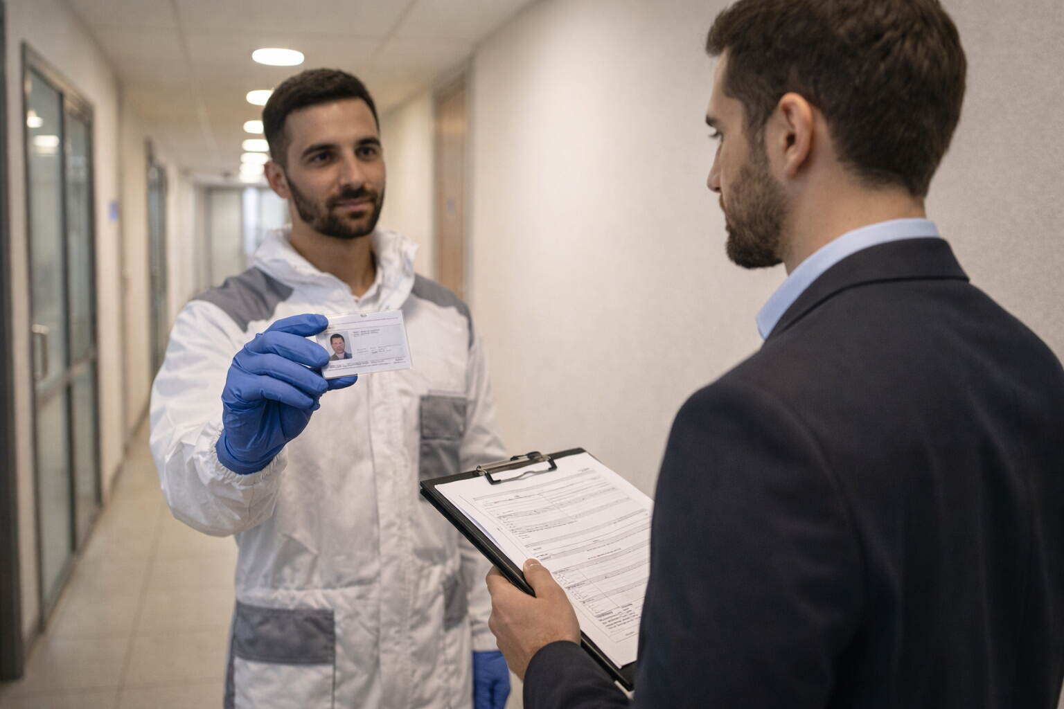 Pest control technician showing DM licence card to building facilities manager in Dubai