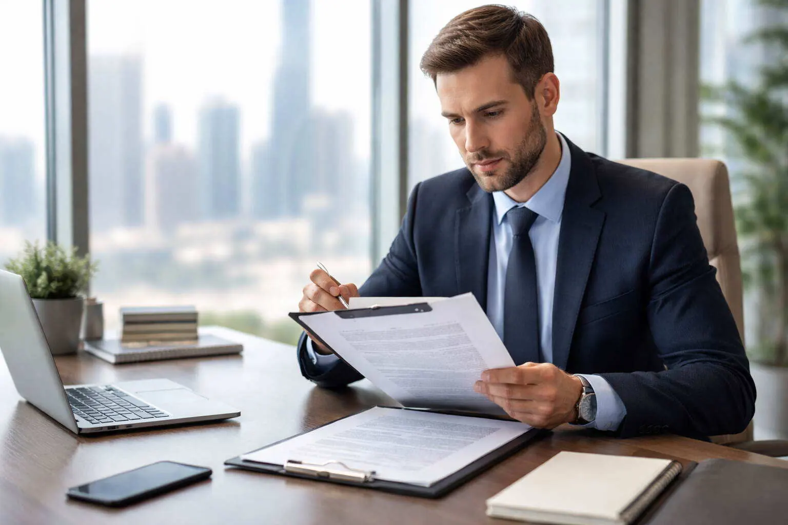 FM procurement officer reviewing a pest control SLA document in a Dubai office