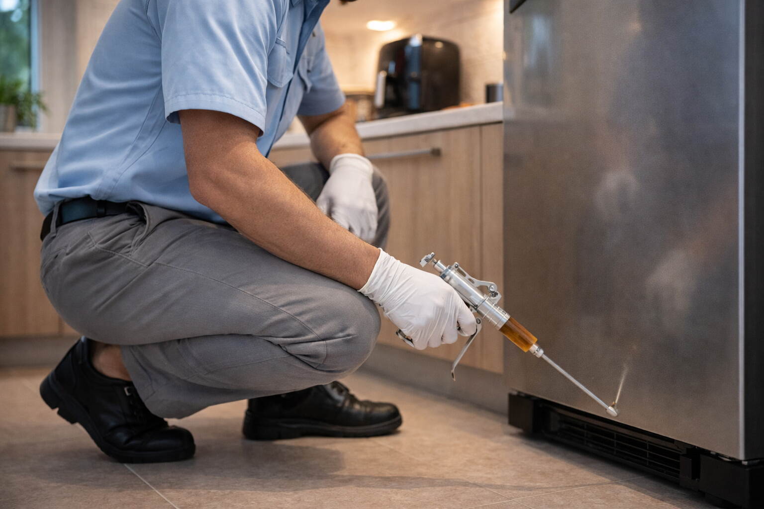 DM-licensed pest control technician treating kitchen appliances in a Dubai apartment during professional cockroach treatment