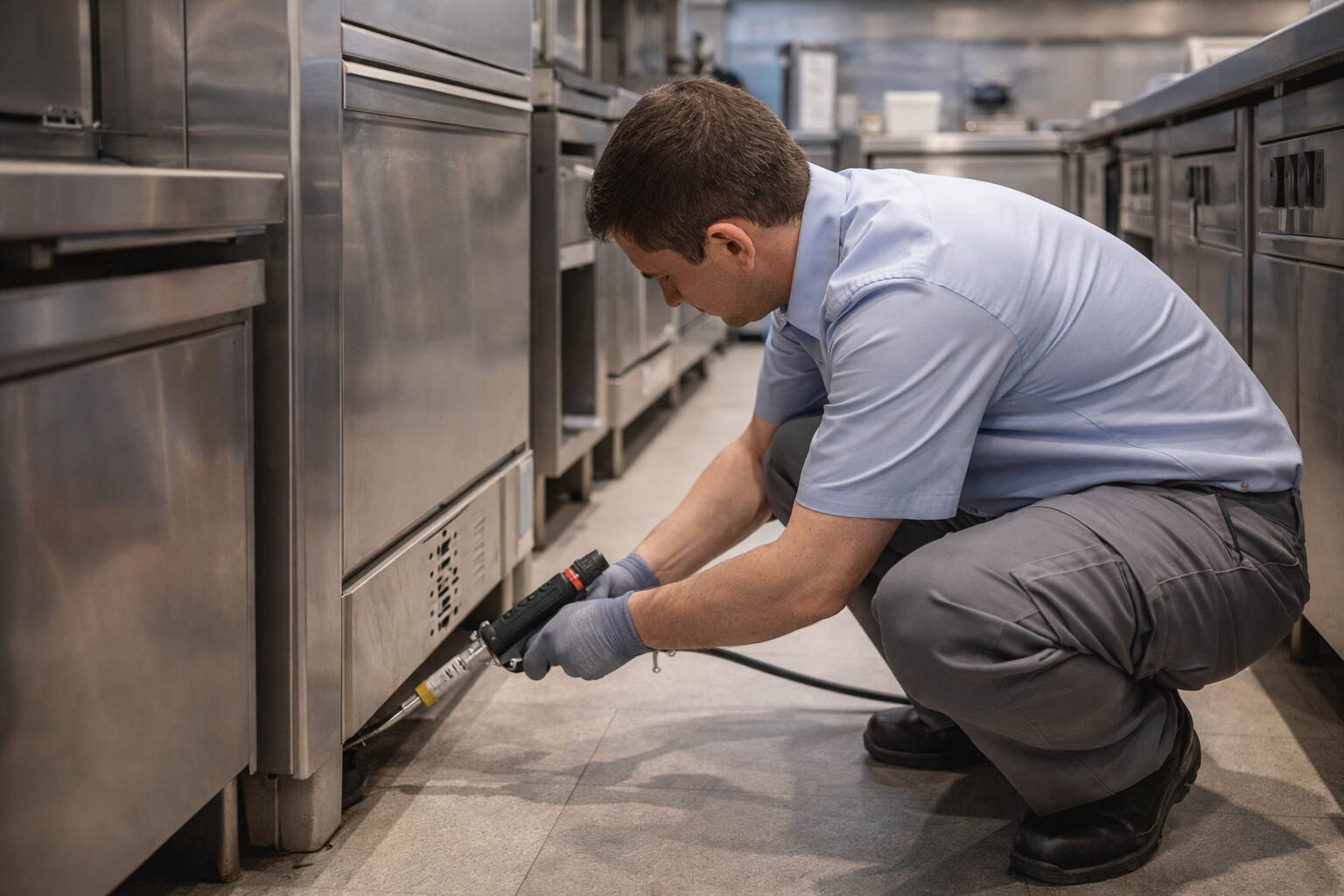 Pest control technician applying treatment behind kitchen equipment in a Dubai restaurant during a scheduled service