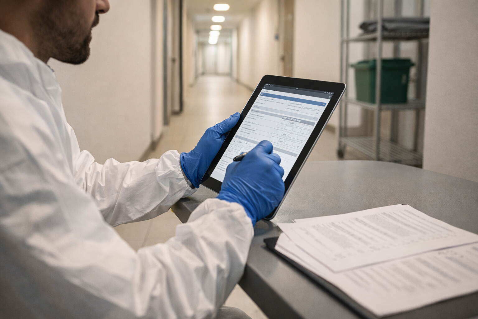 Pest control technician completing a digital treatment certificate on a tablet in a Dubai building