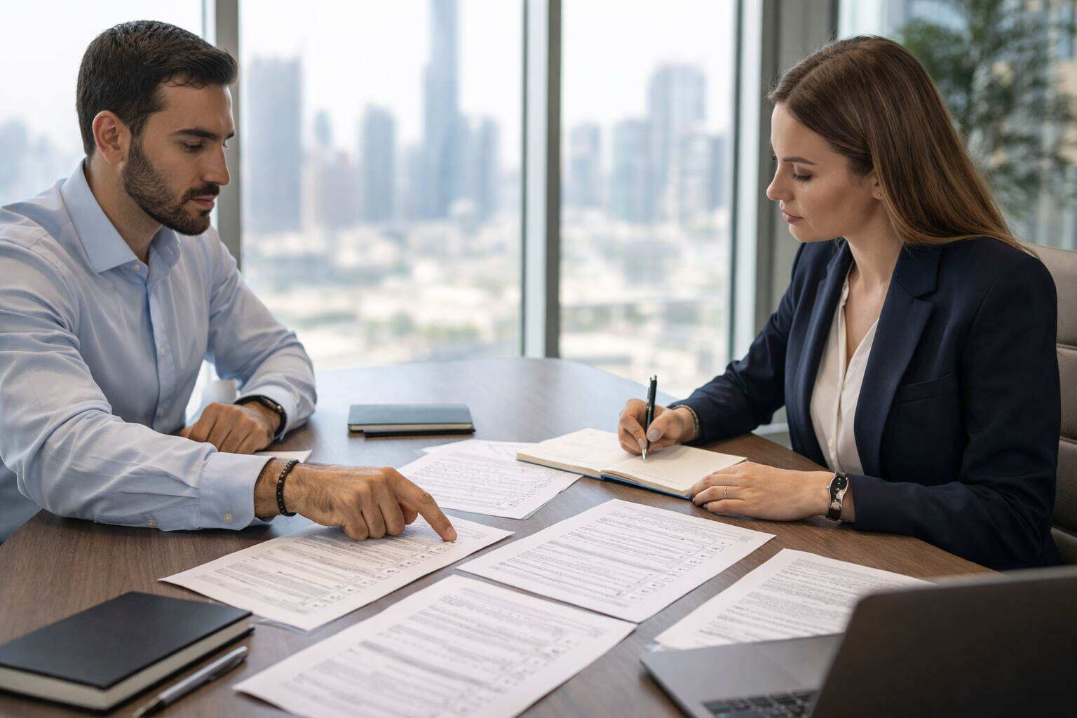 FM team reviewing pest control vendor comparison documents at a conference table in Dubai office