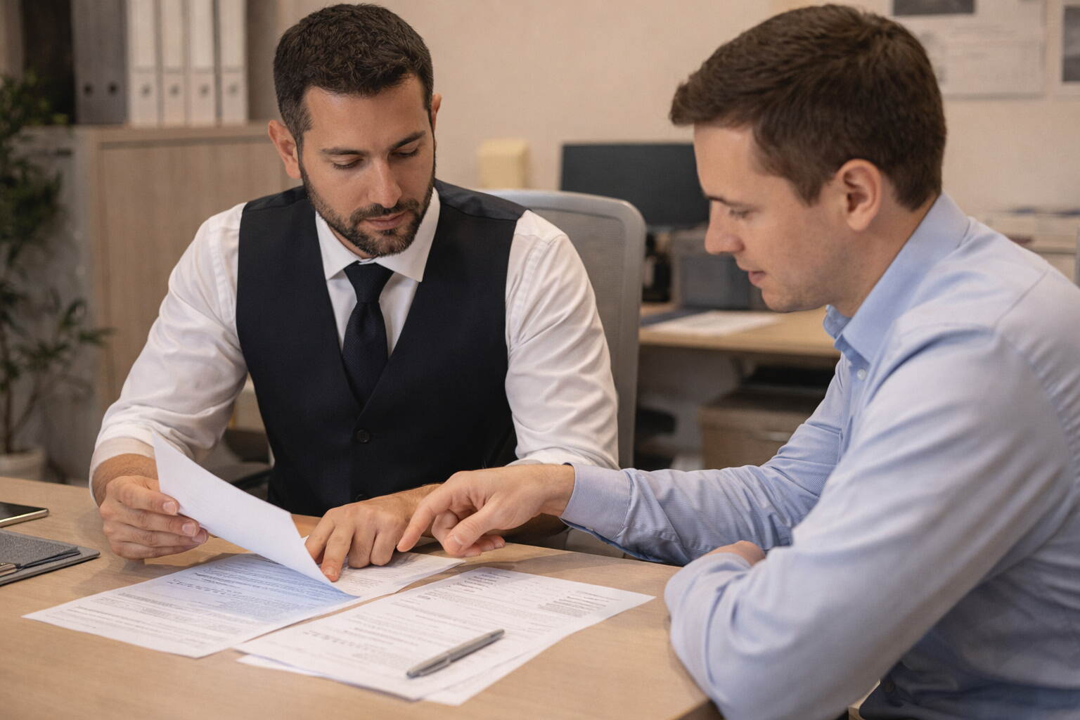 Restaurant manager reviewing pest control service contract with a DM-licensed provider in a Dubai restaurant office