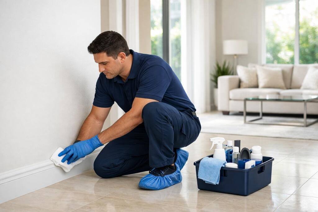 Professional cleaner deep cleaning a modern home interior in Dubai