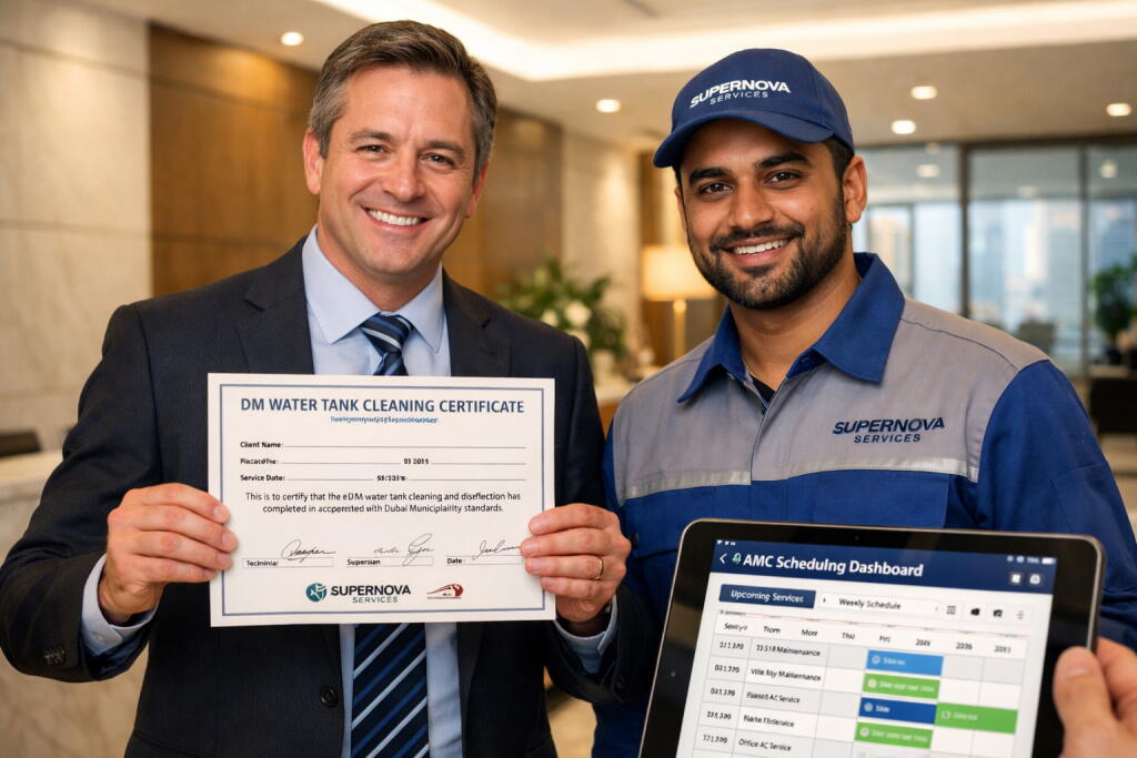 Tank cleaning AMC Dubai certificate handover — Supernova Services FM annual contract