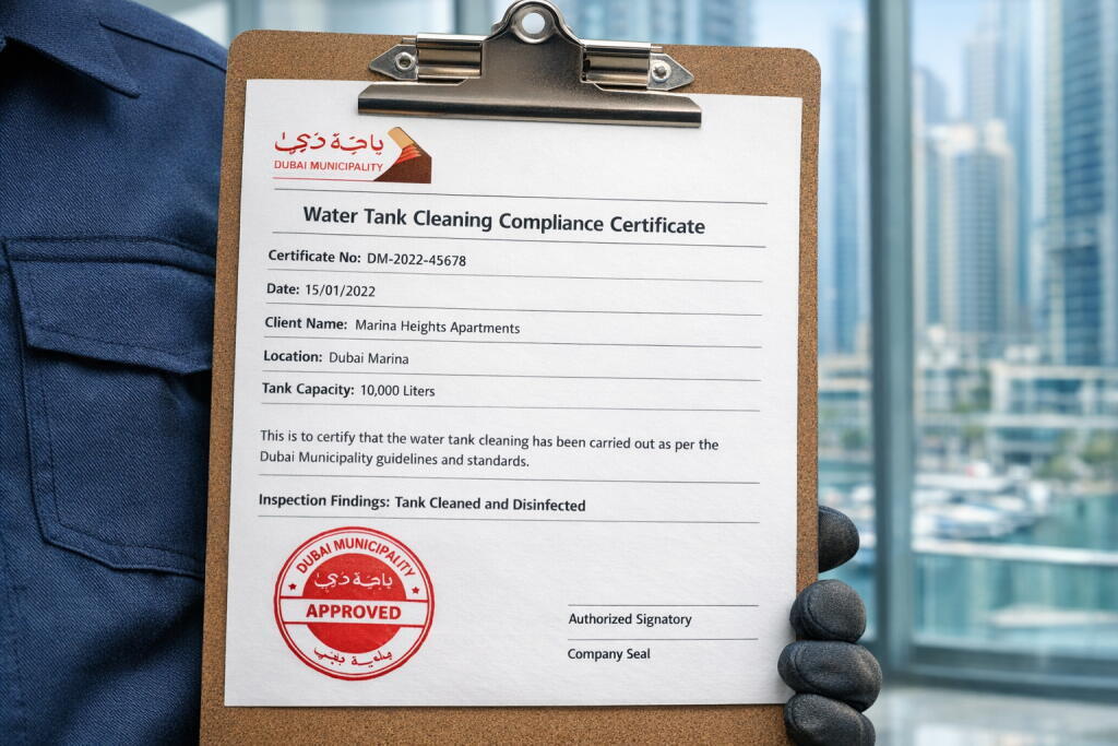 Water tank cleaning certificate Dubai Marina — Supernova Services DM-approved