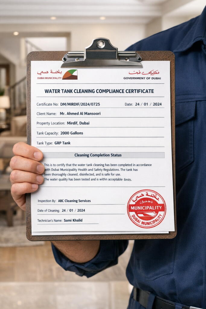 Water tank cleaning certificate Dubai — Supernova Services DM-approved