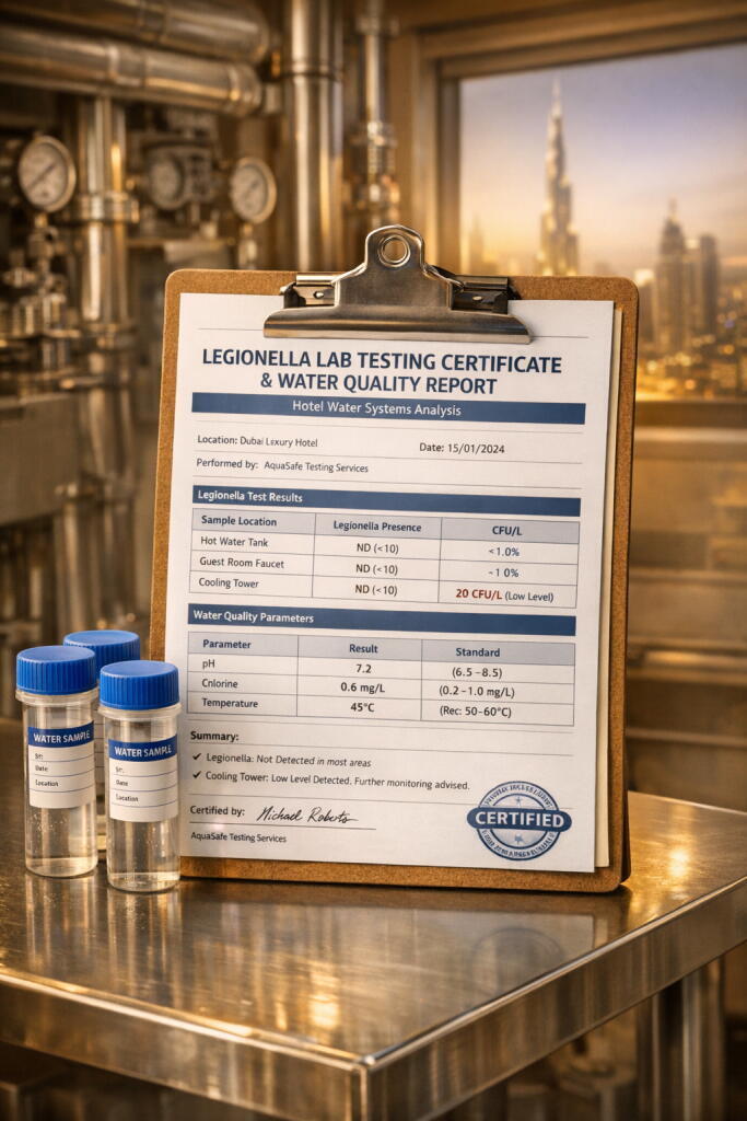Legionella water quality testing certificate Dubai — Supernova Services