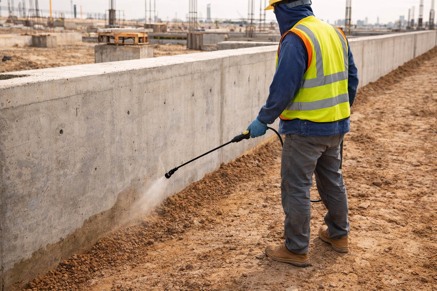Anti-termite perimeter treatment applied to foundation walls at a UAE construction site