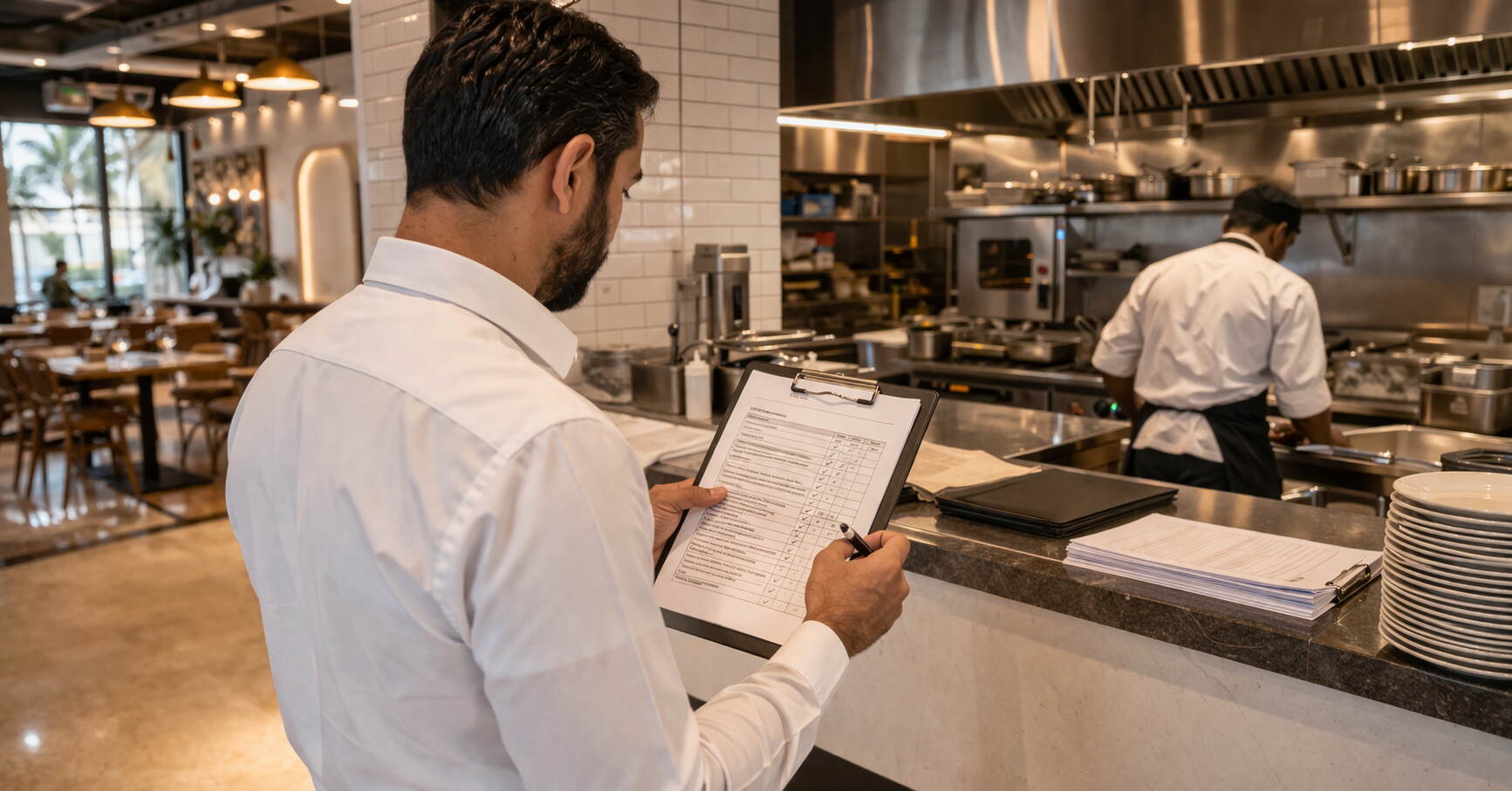 Anti-termite requirements for a restaurant in Dubai — compliance inspector reviewing pest control documentation at a commercial kitchen counter