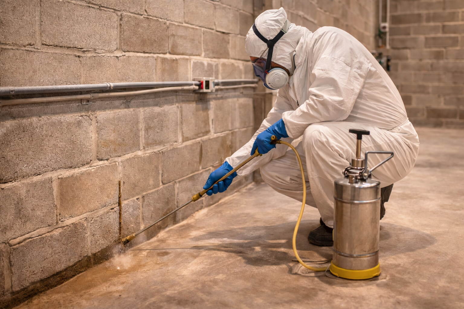 Pest control technician applying anti-termite chemical treatment to the perimeter of a commercial kitchen floor during restaurant fit-out in Dubai