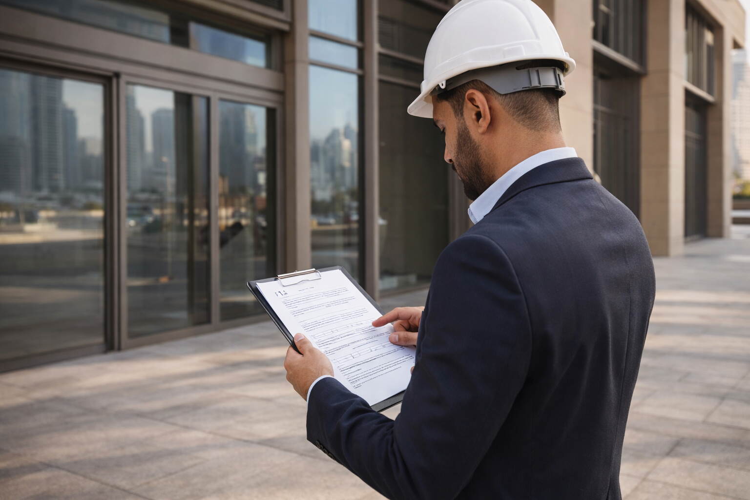 DM-licensed pest control inspector reviewing anti-termite completion documentation at a Dubai construction site