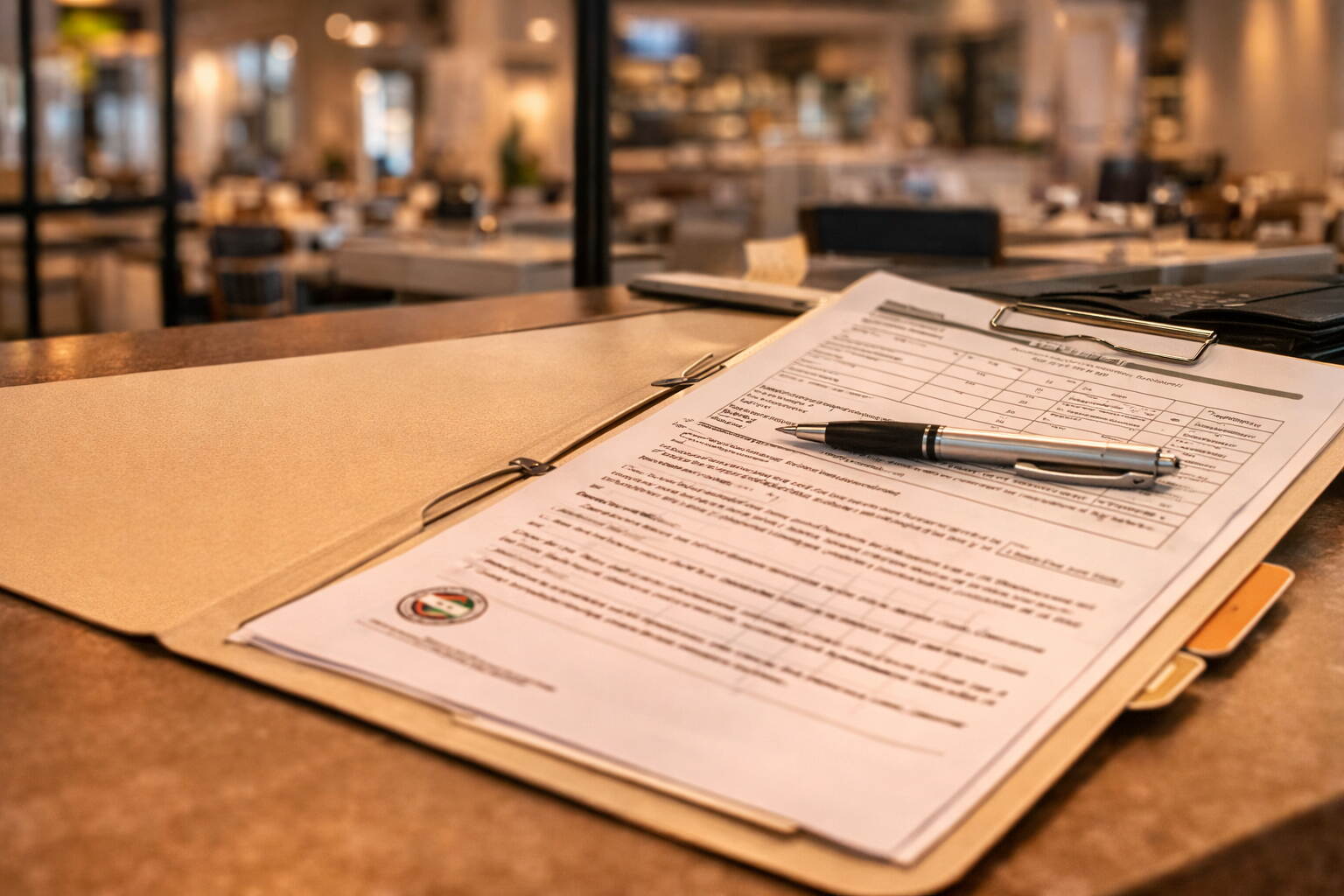 Dubai Food Code pest control compliance documentation folder — signed pest control contract and treatment logs on a desk in a restaurant office