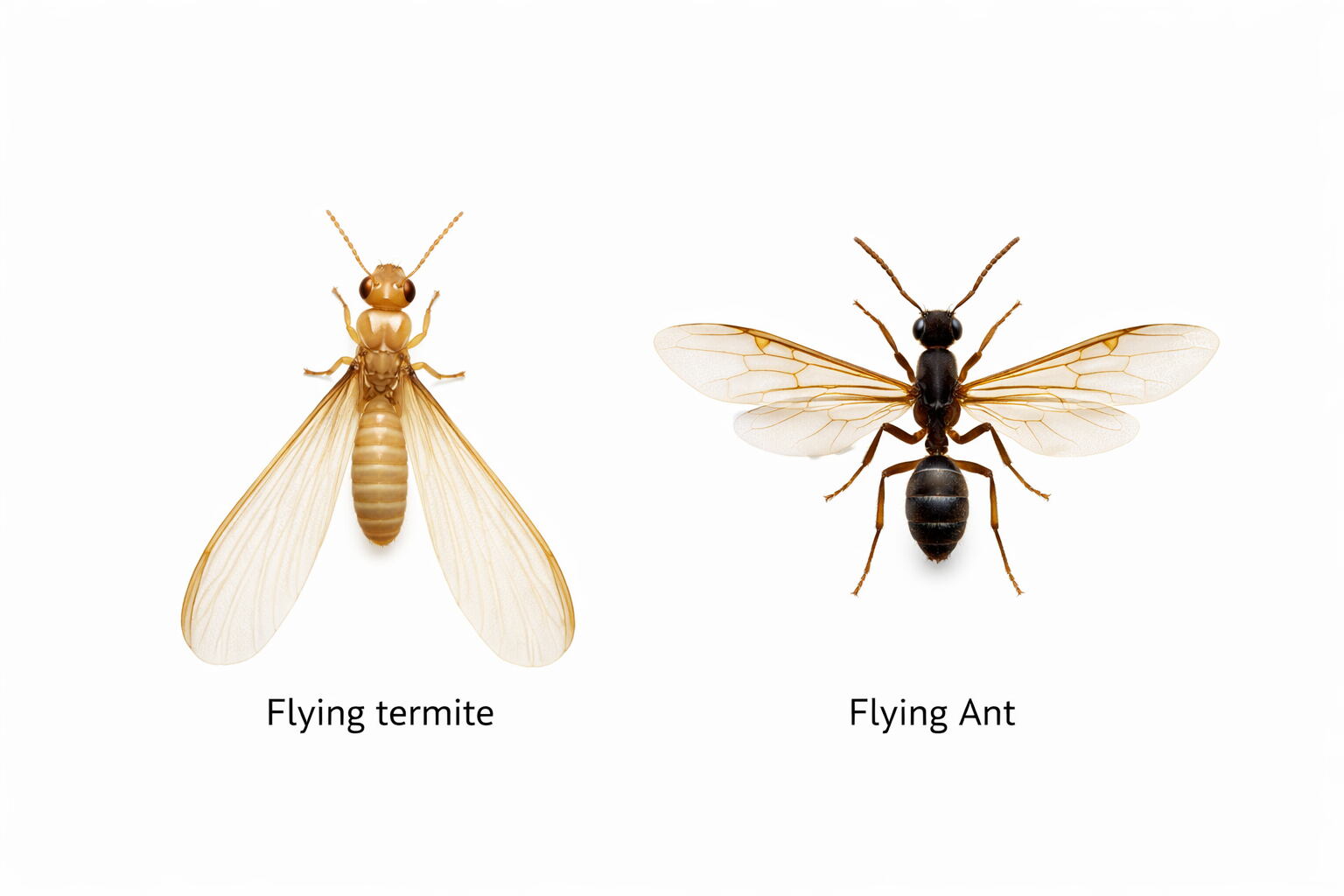 Flying termite versus flying ant comparison — equal-length wings and straight antennae versus unequal wings and bent antennae, UAE villa identification guide
