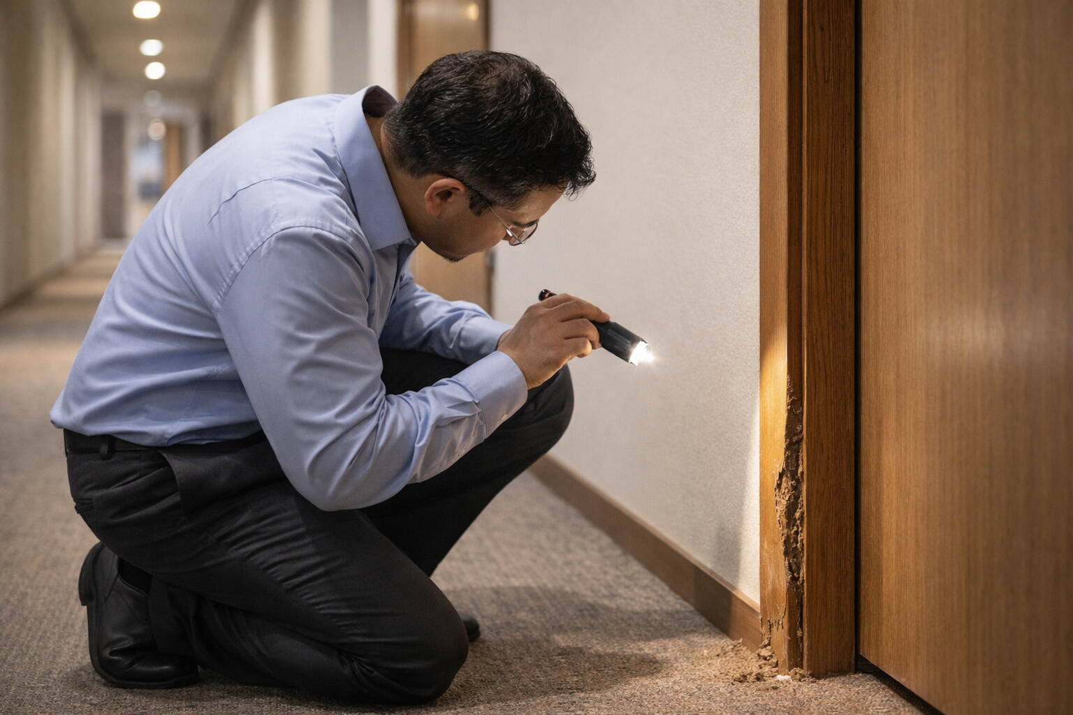 Facilities manager using a flashlight to inspect a timber door frame in a commercial building corridor for signs of termite damage